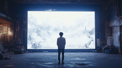 Fototapeta premium Person Standing in Front of Large Abstract Digital Screen in Abandoned Warehouse with Minimal Lighting and Artistic Background
