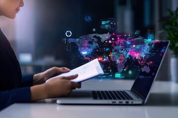 A professional examines a document while a vibrant digital world map glows on a laptop screen, symbolizing the fusion of data and technology in today's global landscape.