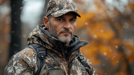 Portrait of a Confident Hunter in Autumn Forest, Wearing Camouflage Clothing with Winter Background Surrounded by Fall Foliage and Soft Snow Flakes for Outdoor Adventure Theme