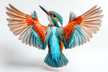 Obraz premium Realistic colorful kingfisher with wings spread on white background
