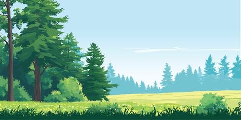 Woodland edge of wild forest with big green trees, summer sunny day nature vector illustration panorama background