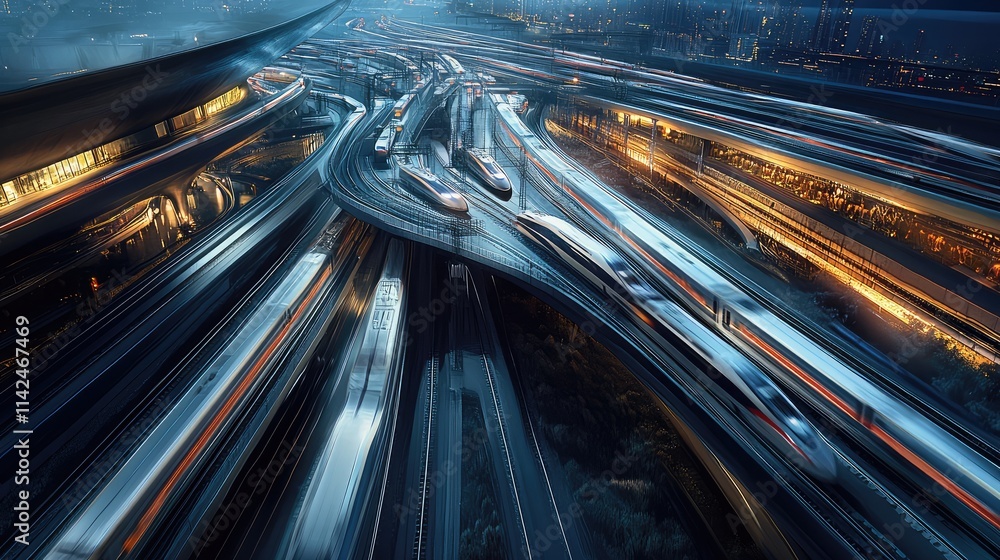 Poster a bird-eye view of a high-speed train network, with multiple trains navigating complex tracks throug