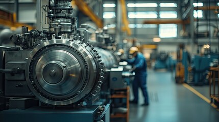 Fototapeta premium Industrial Manufacturing Scene: Precision Machinery and Skilled Labor in Modern Factory Setting