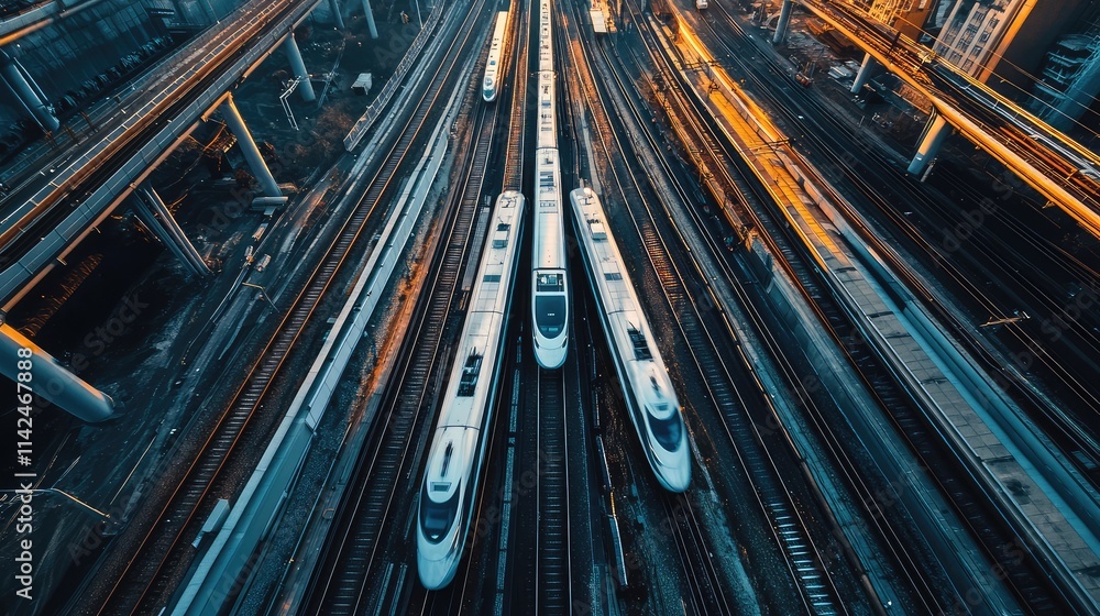 Poster a bird-eye view of a high-speed train network, with multiple trains navigating complex tracks throug