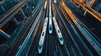 A bird-eye view of a high-speed train network, with multiple trains navigating complex tracks through diverse terrains