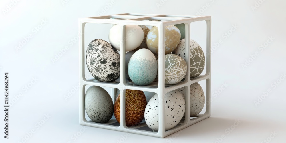 Poster a hollow 3d cube design with open panels displaying eggs arranged in modern patterns against a white