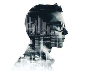 Profile of a businessman with digital graphs and data overlay.