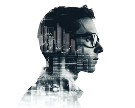 Profile of a businessman with digital graphs and data overlay.