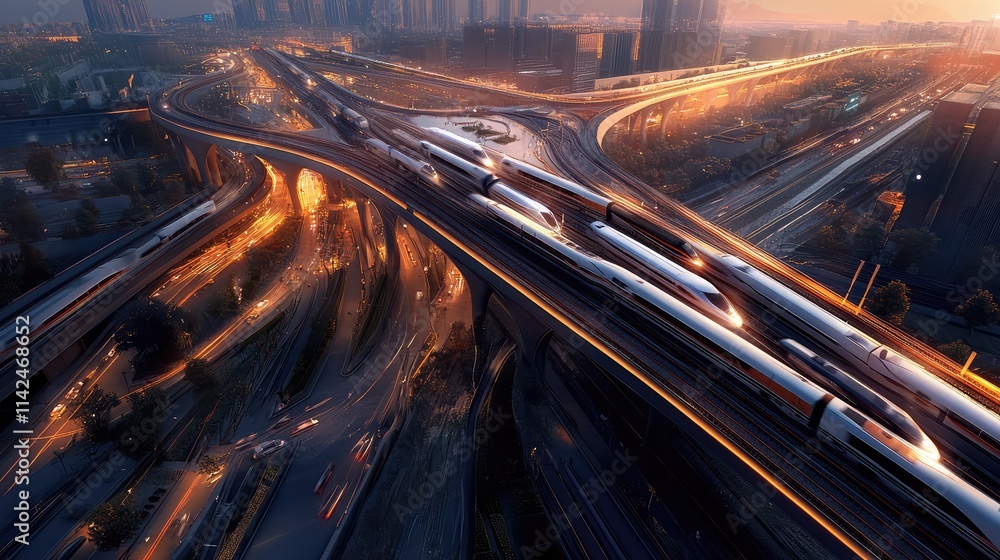Poster a bird-eye view of a high-speed train network, with multiple trains navigating complex tracks throug