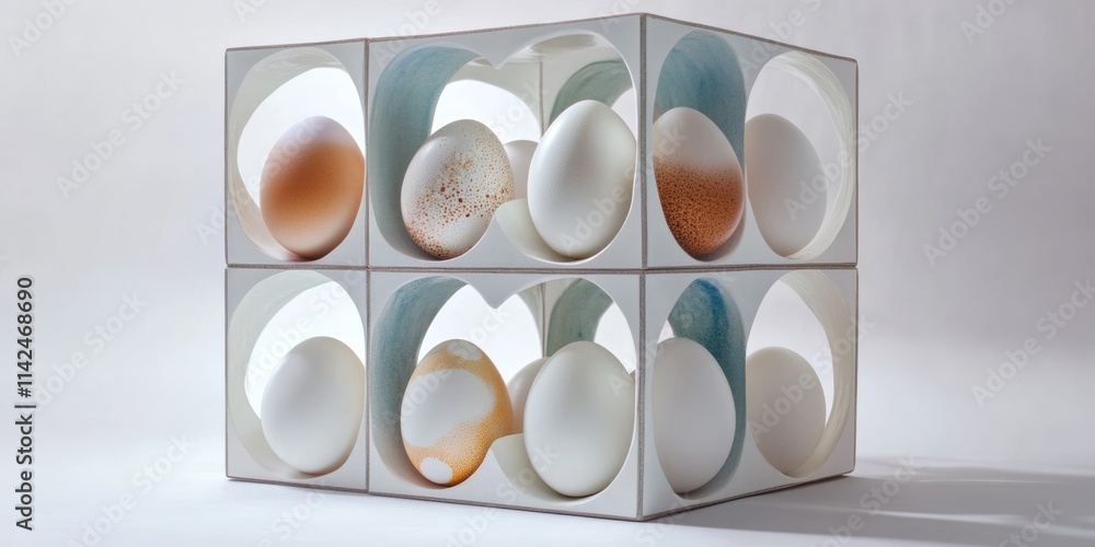 Poster a hollow 3d cube design with open panels displaying eggs arranged in modern patterns against a white
