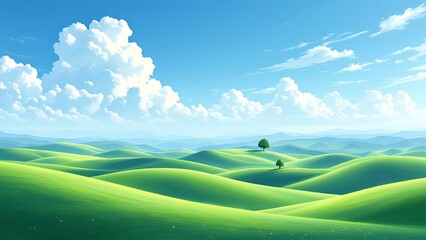 Obraz premium Green Hills Meadows Under Blue Sky White Clouds Panorama. AI generative