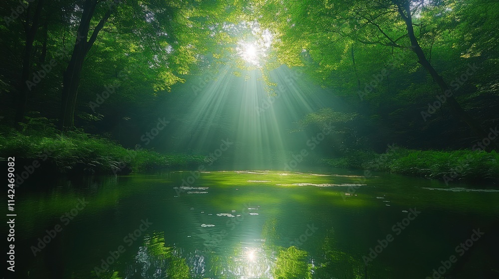 Poster serene forest scene with sunlight streaming through trees over calm water, creating a tranquil and p