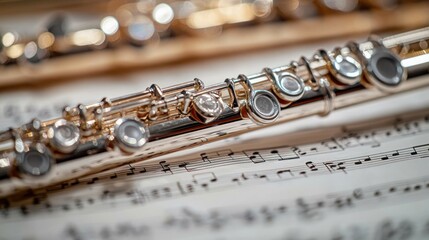 A close-up of a silver flute resting on sheet music, highlighting musical artistry.