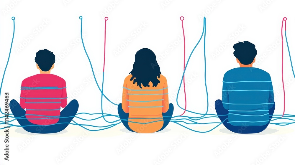 Poster three individuals seated with colorful threads representing connection, communication, and interpers