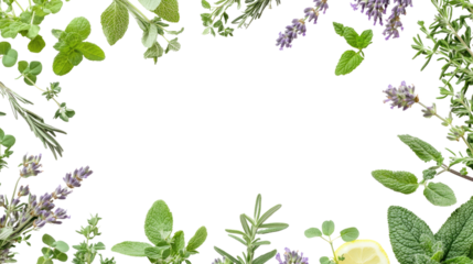 Fresh Herbs Border: A vibrant frame of fresh herbs, including rosemary, lavender, mint, oregano, and thyme, forms a natural border around a blank white space.