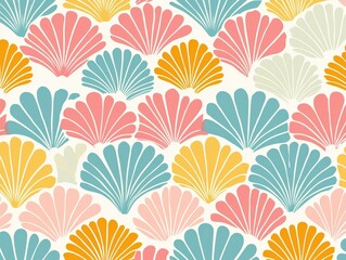 A vibrant pattern featuring colorful shell shapes in pink, blue, yellow, and green, creating a playful and modern design.