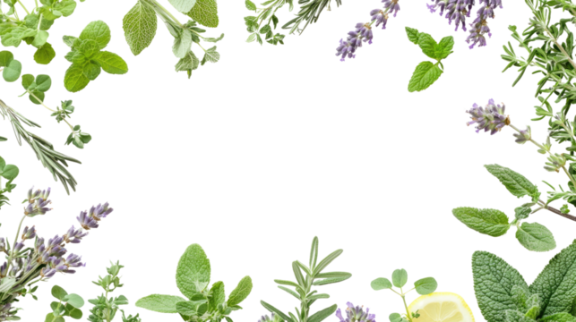 Fresh Herbs Border: A vibrant frame of fresh herbs, including rosemary, lavender, mint, oregano, and thyme, forms a natural border around a blank white space.