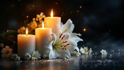 White Lily and Candle on Black Background Copy Space
