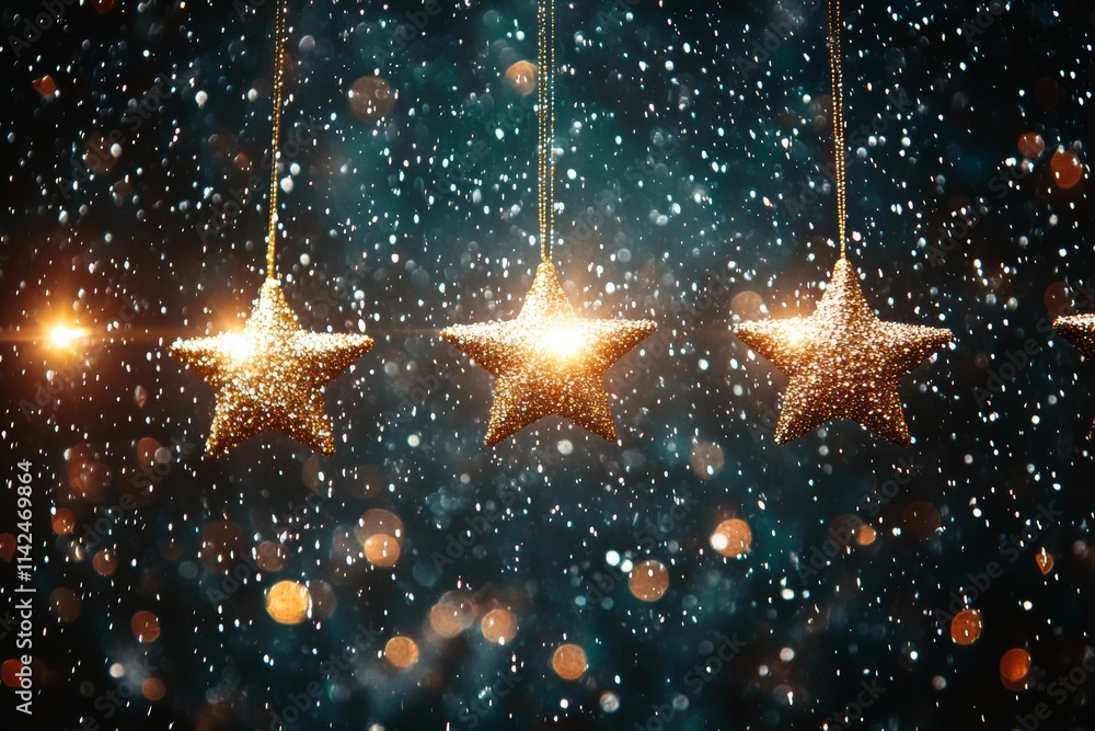 Poster three shimmering stars dangle from a string, gently swaying in the serene snowfall, creating a magic