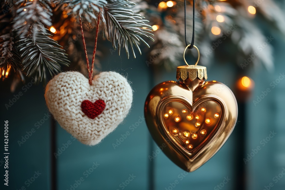 Poster two festive ornaments dangle from a decorated tree, illuminated by twinkling lights in the backgroun