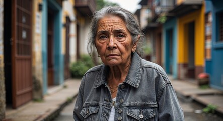 Hispanic elderly woman serious wearing gray denim jacket looking on camera