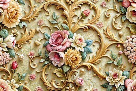 Fototapeta delicate vintage floral design with embossed roses, ornate swirls, and leaves in pastel tones, wallpaper background