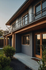 Modern house exterior, showcasing dark gray siding, wood accents, large windows, and a balcony with a metal railing.  Landscaping includes shrubs. Evening light casts shadows.