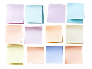 Fototapeta premium A collection of colorful sticky notes arranged in a grid pattern, showcasing various pastel shades on white background , cut out. 