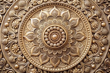 vintage embossed golden medallion with ornate floral patterns, intricate details, layered design, and radial symmetry, wallpaper background