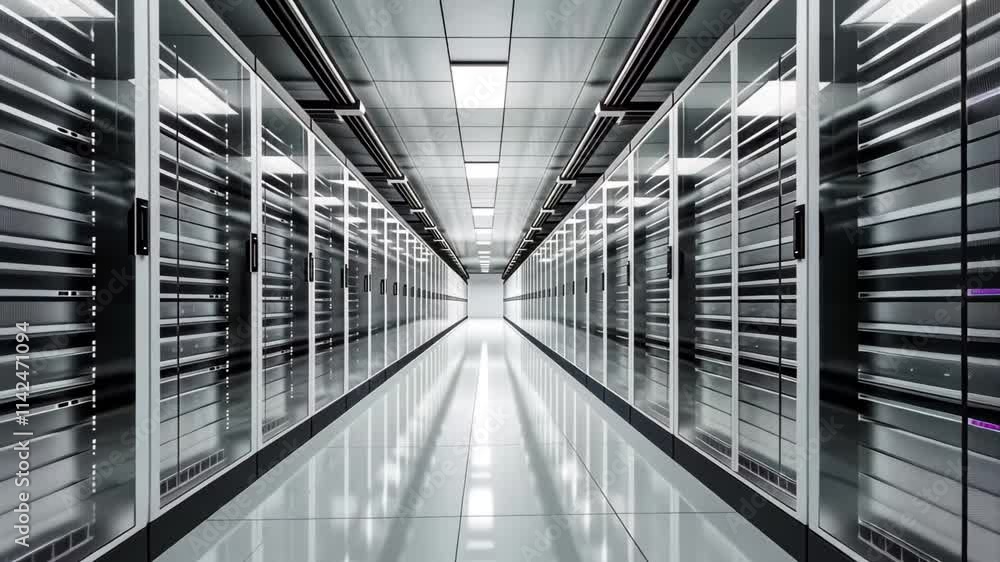 Poster the corridor of a contemporary data center showcases rows of server racks on either side, illuminate
