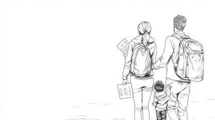 Obraz premium Family of three, viewed from behind, with backpacks, holding hands, looking at a map.