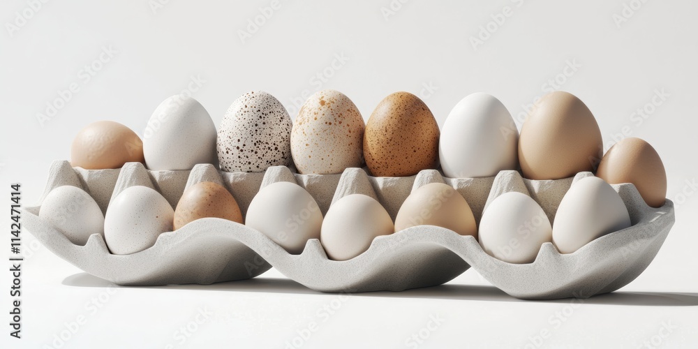Poster a rounded 3d stall design with interlocking sections holding various eggs, displayed with soft shado