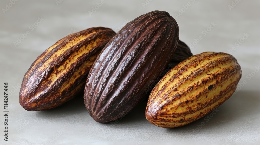 Poster three varieties of cocoa pod displayed on a soft gray surface, highlighting natural textures and uni