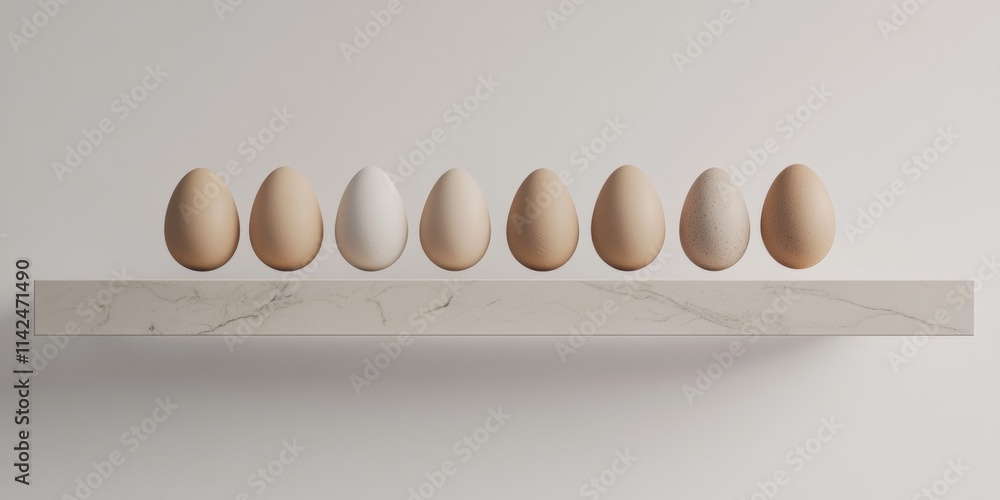 Poster a row of eggs perched delicately on a thin, modern 3d shelf with an open white space around the desi