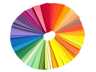 Obraz premium A circular arrangement of vibrant color swatches showcasing a spectrum of hues from purple to yellow on white background , cut out. 