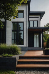 Fototapeta premium Modern, two-story house with white brick exterior, black trim, and large windows. A wooden deck with steps leads to the front entrance. Landscaping includes dark retaining wall and ornamental grasses
