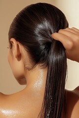 Fototapeta premium An artistic shot of a woman's glossy wet hair styled into a sleek ponytail, depicted from a side angle, offering a view that combines elegance with modern fashion.