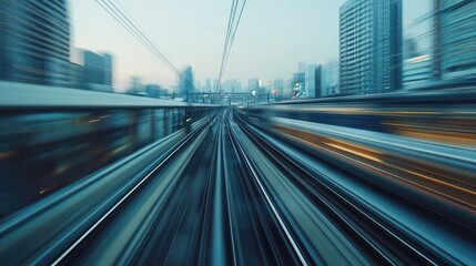 A bullet train in motion on elevated tracks, with blurred background elements emphasizing its incredible speed