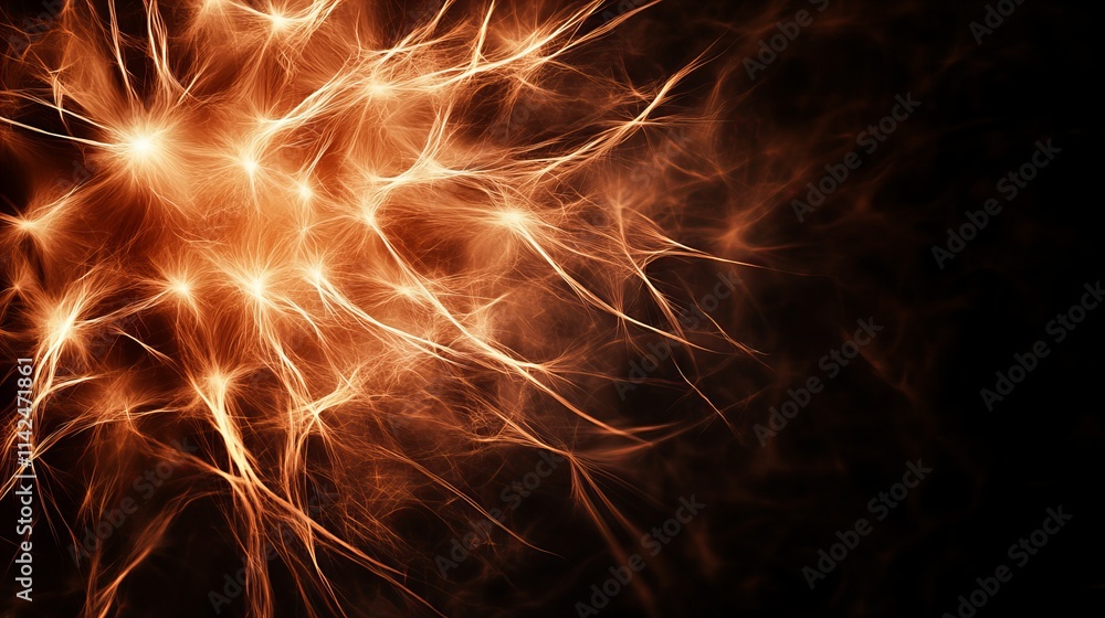 Poster abstract fiery orange and black fractal art. intricate network of glowing lines and points creates a