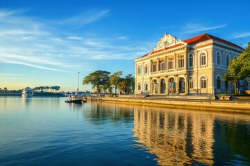 Elegant Historic Museum by the Waterway at Dusk