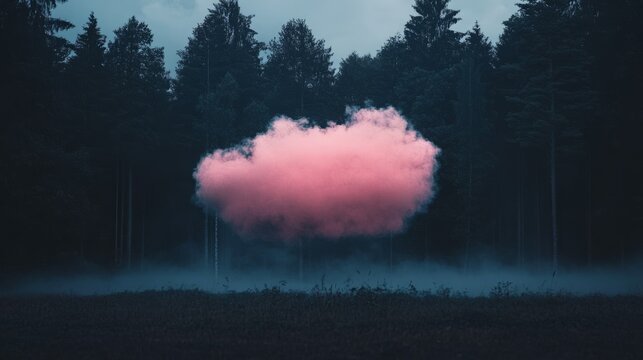 Pink cloud floats in a dark forest. Surreal and dreamy.