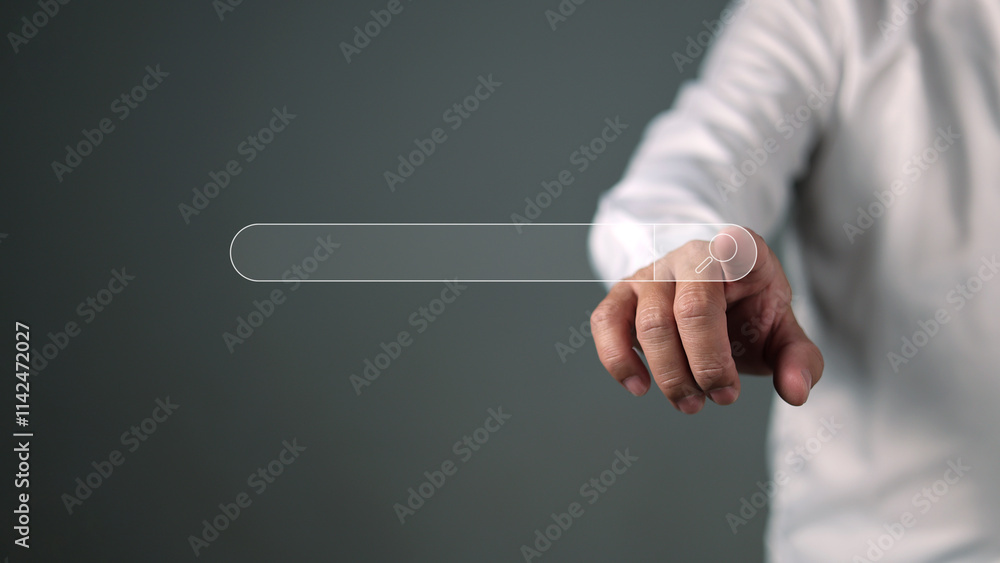 Poster data search technology search engine optimization, man hands are finger point to searching for infor