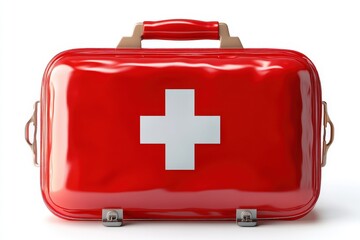Fototapeta premium A bright red first aid kit featuring a prominent white cross, symbolizing emergency medical care and preparedness.