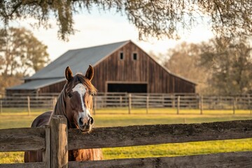 Close-up of a horse peering out from behind a wooden fence with a barn in the afternoon