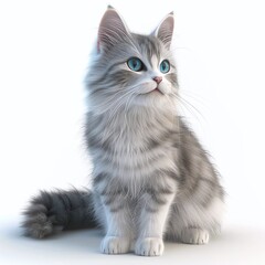 Adorable gray and white kitten with bright eyes sitting and looking up on a clean white background.