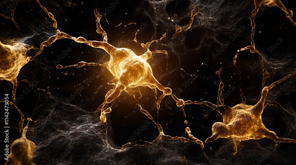Poster microscopic view of neurons firing. golden hues illuminate the intricate network against a dark back