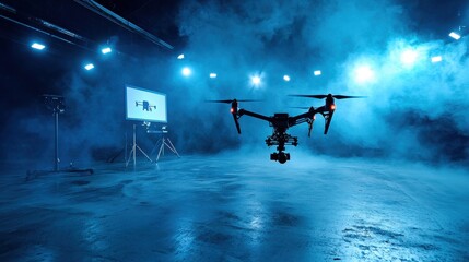 Futuristic drone hovering in dark smoky studio with dramatic blue lighting