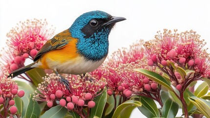 Vibrant Blue-Headed Bird Perched Among Pink Flowering Blooms in a Beautiful Natural Setting Featuring Colorful Flora and Fauna