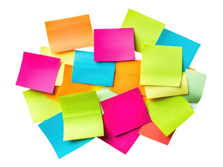 Fototapeta premium A vibrant assortment of sticky notes in various colors, arranged in a scattered manner, showcasing their diverse hues and shapes on white background , cut out. 
