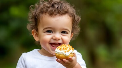 A happy toddler with curly brown hair enjoys a delicious cupcake outdoors. The child's joyful expression and the vibrant green background create a cheerful and heartwarming scene.